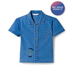 Bonfino 100% Cotton Woven Half Sleeves Oversized Denim Shirt With Tree Embroidery - Blue