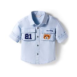 Bonfino 100% Cotton Woven Full Sleeves Oversized Denim Shirt With Cargo Pockets & Embroidery - Light Blue