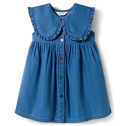 Bonfino 100% Cotton Woven Sleeveless Denim Dress With Sailor Collar and Ruffle Detail at Collar Hem - Blue