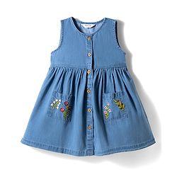 Bonfino 100% Cotton Knit Sleeveless Denim Dress with Floral Embroidery & Patch Pocket - Blue