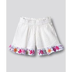 Bonfino 100% Cotton Seersucker Woven Abover Knee Length Shorts with Floral Embroidery Details on Hem - White