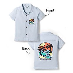 Bonfino Cotton Woven Half Sleeves Resort Collar Denim Shirt  with Front & Back Hawaii Print - Light Blue