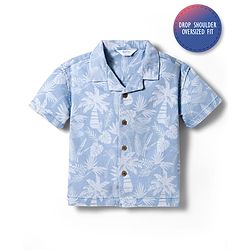 Bonfino 100% Cotton Woven Half Sleeves Oversized Resort Collar Denim Shirt With Tropical Print - Light Blue