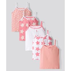 Bonfino Cotton Elastane Knit Sleeveless Slips With Star & Polka Dots Print & Bow Applique Pack of 5 - Pink & White