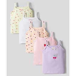 Bonfino Cotton Elastane Knit Sleeveless Slip With Strawberry Print & Bow Applique Pack of 5 - Multicolor