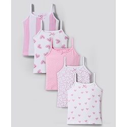 Bonfino Cotton Knit Sleeveless Striped Hearts & Polka Dots Printed Slips Pack Of 5 - Multicolour