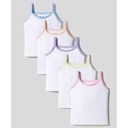 Bonfino Cotton Elastane Knit Sleeveless Solid Colour Slips with Contrast Lace Detailing Pack of 5 - White