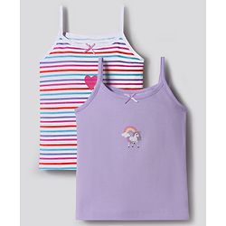 Bonfino Cotton Knit Sleeveless Striped Hearts & Unicorn Printed Slips Pack Of 2 - Multicolour