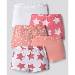 Bonfino Girls 95% Cotton 5% Elastane Knit Boxers With Polka Dot & Star Print Pack of 5 - Pink, Peach & White
