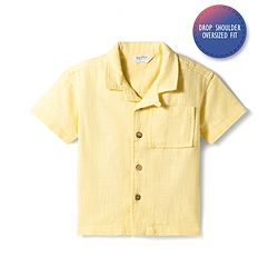 Bonfino 100% Cotton Woven Drop Shoulder Half Sleeves Club Resort Collar Oversized Shirt - Yellow