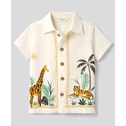 Bonfino Cotton Woven Half Sleeves Shirt With Embroidery & Animal Print - Offwhite