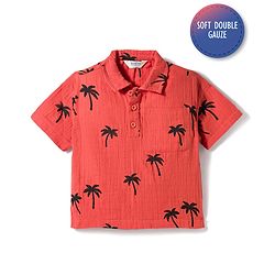 Bonfino 100% Cotton Woven Half Sleeves Palm Tree Double Cloth Printed Shirt - Red