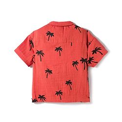 Bonfino 100% Cotton Woven Half Sleeves Palm Tree Double Cloth Printed Shirt - Red