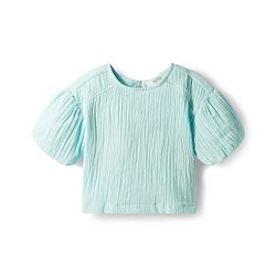 Bonfino 100% Cotton Woven  Double Cloth Dropped Shoulder Half Balloon Sleeves  Solid Colour Top - Mint
