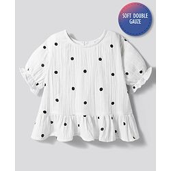 Bonfino 100% Cotton Woven Double Cloth Half Sleeves Top with Polka Dot Print & Ruffles Panel - White