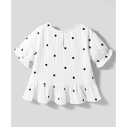 Bonfino 100% Cotton Woven Double Cloth Half Sleeves Top with Polka Dot Print & Ruffles Panel - White