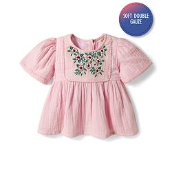 Bonfino 100% Cotton Woven Double Cloth Half Balloon Sleeves Top with Floral Embroidery - Pink