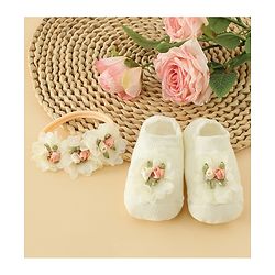 Bonfino Free Size Headband With Floral Applique & Booties - Yellow