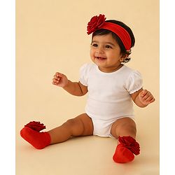 Bonfino Free Size Headband With Floral Applique & Booties Set - Red