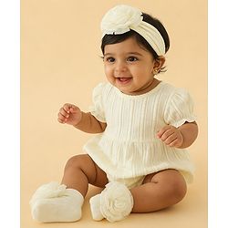 Bonfino Free Size Headband With Floral Applique & Booties Set - Yellow