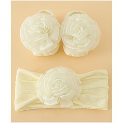 Bonfino Free Size Headband With Floral Applique & Booties Set - Yellow