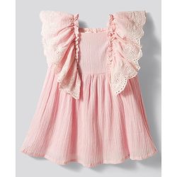 Bonfino 100% Cotton Woven Frill Sleeves Smocked Frock with Schiffili - Pink