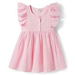 Bonfino 100% Cotton Woven Frill Sleeves Solid Dress - Pink