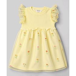 Bonfino Cotton Woven One Piece Dresses/Frocks with Embroidery Details WHITE / YELLOW 6-9 Months