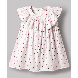 Bonfino 100% Cotton Woven Sleeveless A Line Frock with Frill Detailing & Heart Print - Off White