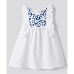 Bonfino 100% Cotton Slub Woven Frill Sleeves Floral Embroidered A Line Frock - White