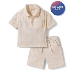 Bonfino 100% Cotton Double Cloth Knit Drop Shoulder Half Sleeves Solid Color Co-ords Shirt & Shorts Set - Off White