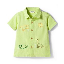 Bonfino 100% Cotton Woven Half Sleeves Shirt With Dino & Sun Embroidery - Light Green