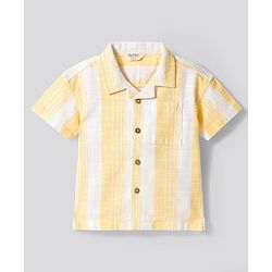 Bonfino 100% Cotton Woven Half Sleeves Resort Collar Dropped Shoulder Striped Shirt - Yellow