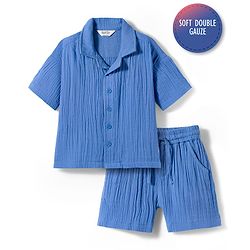 Bonfino 100% Cotton Double Cloth Knit Drop Shoulder Half Sleeves Solid Color Resort Collar Shirt & Shorts Set - Blue