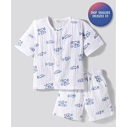 Bonfino 100% Cotton Woven Double Cloth Drop Shoulder Half Sleeves Co-ords Oversized Shirt & Shorts Set with Fish Print - White