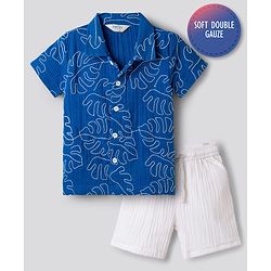 Bonfino 100% Cotton Woven Half Sleeves Double Cloth Leaf Embroidered Shirt & Shorts Set - Blue & White