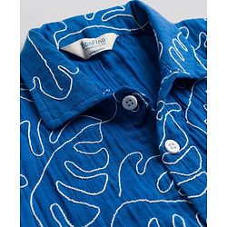 Bonfino 100% Cotton Woven Half Sleeves Double Cloth Leaf Embroidered Shirt & Shorts Set - Blue & White