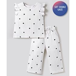 Bonfino 100% Cotton Double Cloth Knit Frill Sleeves Co-ords Top & Pant Set with Polka Dot Print - White