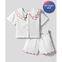 Bonfino 100% Cotton Woven Half Sleeves Solid Top & Shorts Set - White
