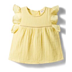 Bonfino 100% Cotton Woven Frill Sleeves Solid Top With Lace Detailing - Yellow