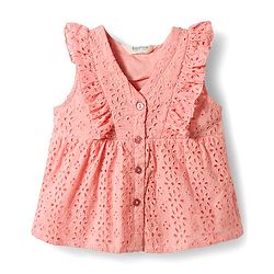 Bonfino 100% Cotton Woven  Sleeveless Schiffli Peplum Top with Frill Detail - Peach