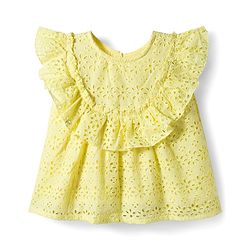 Bonfino 100% Cotton Woven Sleeveless Schiffli Top with Ruffle Trim Detailing - Yellow
