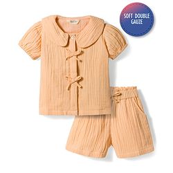 Bonfino 100% Cotton Double Gauze Woven Half Sleeves Solid Top & Shorts Set - Peach