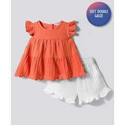 Bonfino 100% Cotton Woven Half Frill Sleeves Double Gauze Tiered Top & Short Set -coral & White