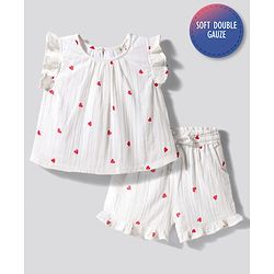 Bonfino 100% Cotton Woven Double Gaze Frill Sleeves Co-ords Top & Shorts Set with Heart Print - White