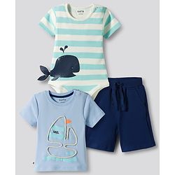 Bonfino 100% Cotton Knit Half Sleeves Onesie and Chest Printed Half Sleeves T-Shirt With Cargo Shorts Set - Light Blue & White