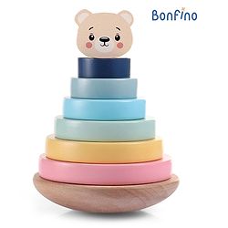 Bonfino 7 Pcs Premium Wooden Teddy Bear Stacking Rings| 6 Colorful Rings & Bear Topper| Shaking Base| Non-Toxic Natural Wood| BIS Certified| Educational Learning Toy for Kids | Montessori Learning