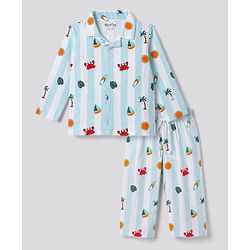 Bonfino 100% Cotton Knit Full Sleeves Shirt & Pyjama Co-ord Night Suit with Crab Print - White