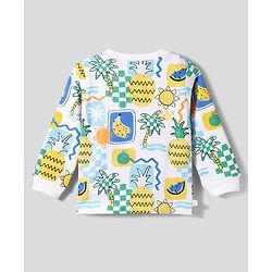 Bonfino 100% Cotton Knit Full Sleeves T-Shirt & Pyjama Co-ord Night Suit With Fruit & Tree Print - Off White