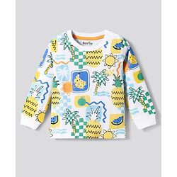 Bonfino 100% Cotton Knit Full Sleeves T-Shirt & Pyjama Co-ord Night Suit With Fruit & Tree Print - Off White